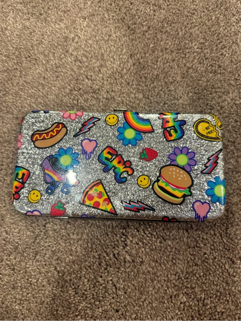 Claire's Silver Glitter Sticker Pencil Case with Rainbow Icons